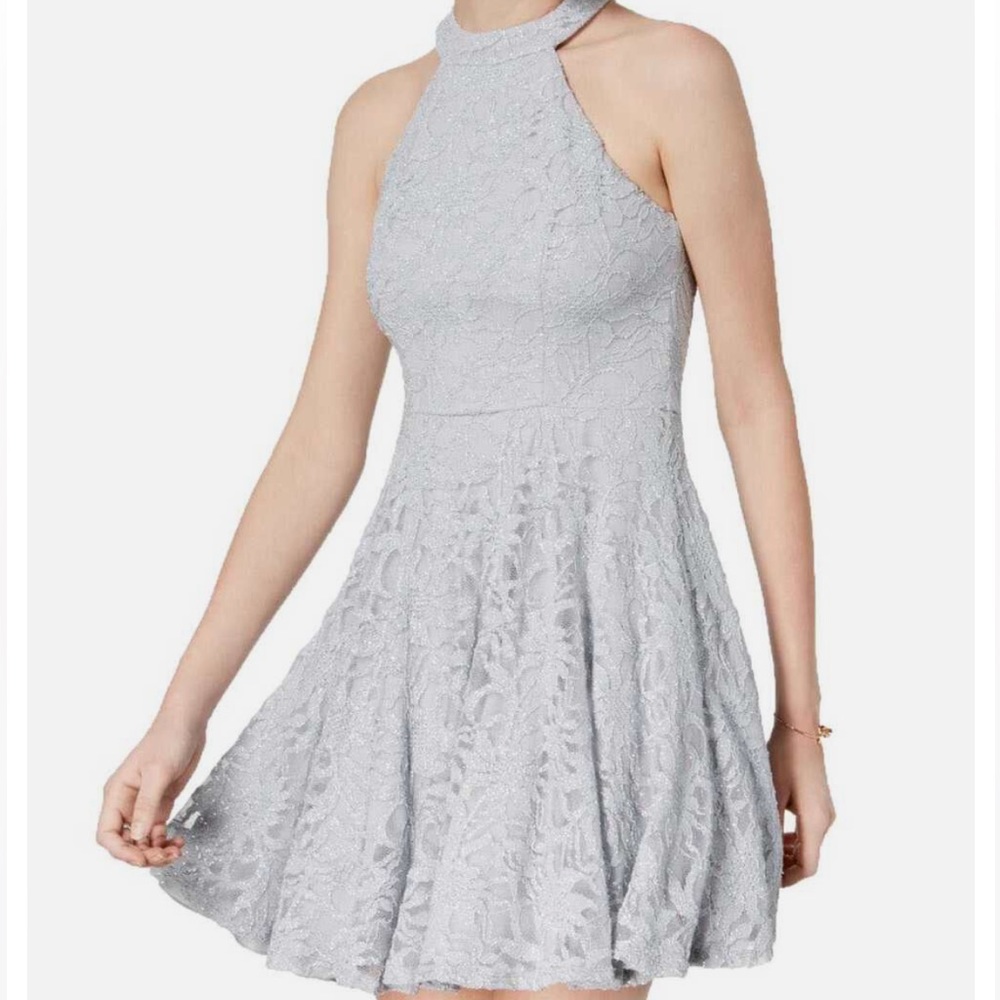 Silver Floral Lace Glitter Halter Short Formal Fit & Flare Juniors Dress